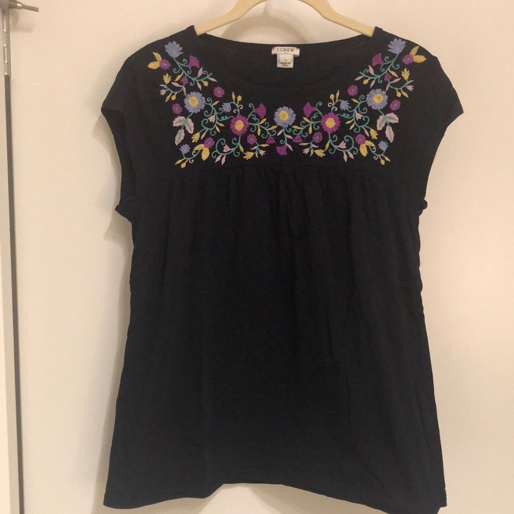 J. Crew Navy Floral Embroidered Cap Sleeve Cotton Tee
